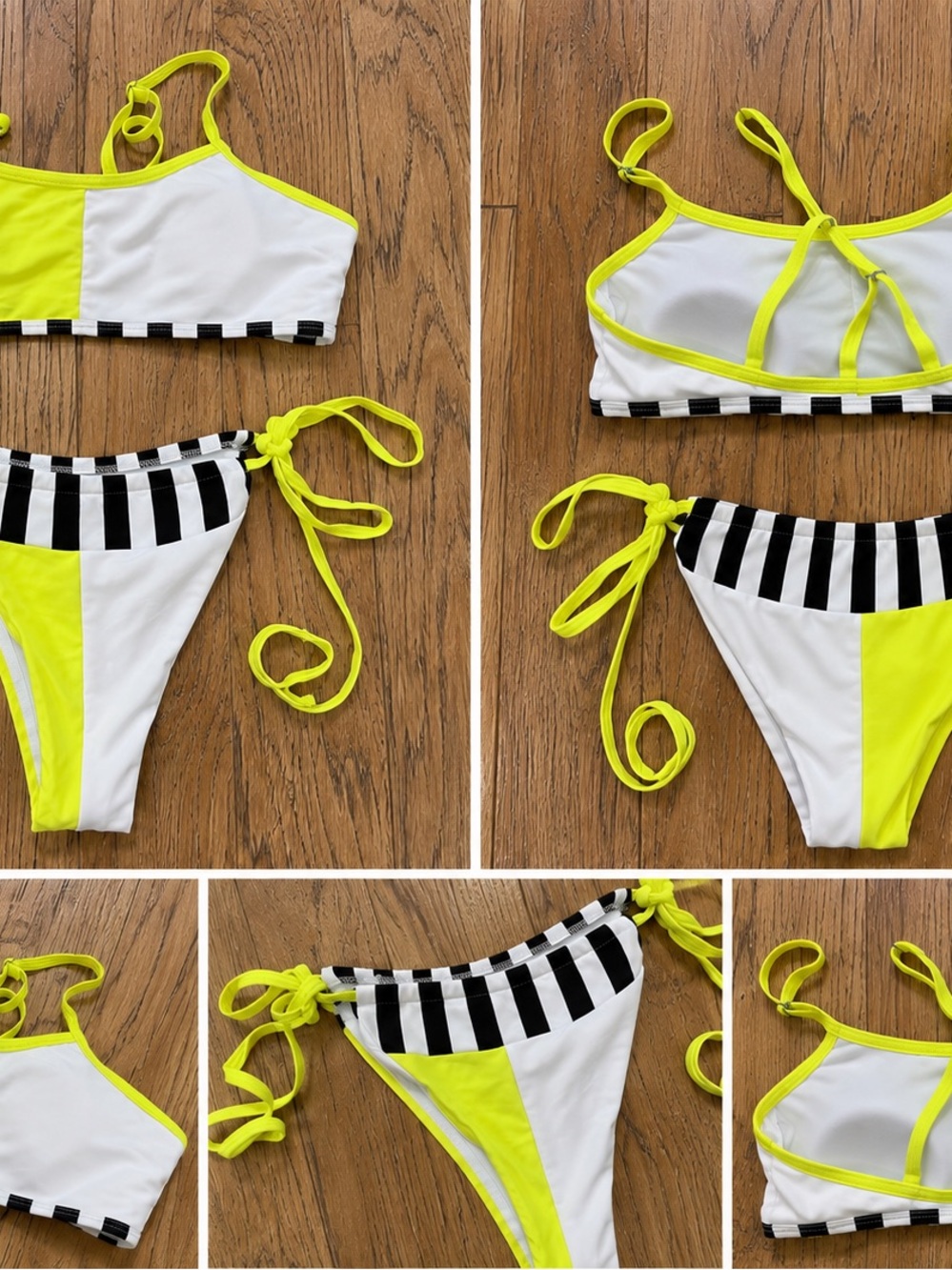 SHEIN Neon Yellow, White & Black Stripe Split-Panel Bikini